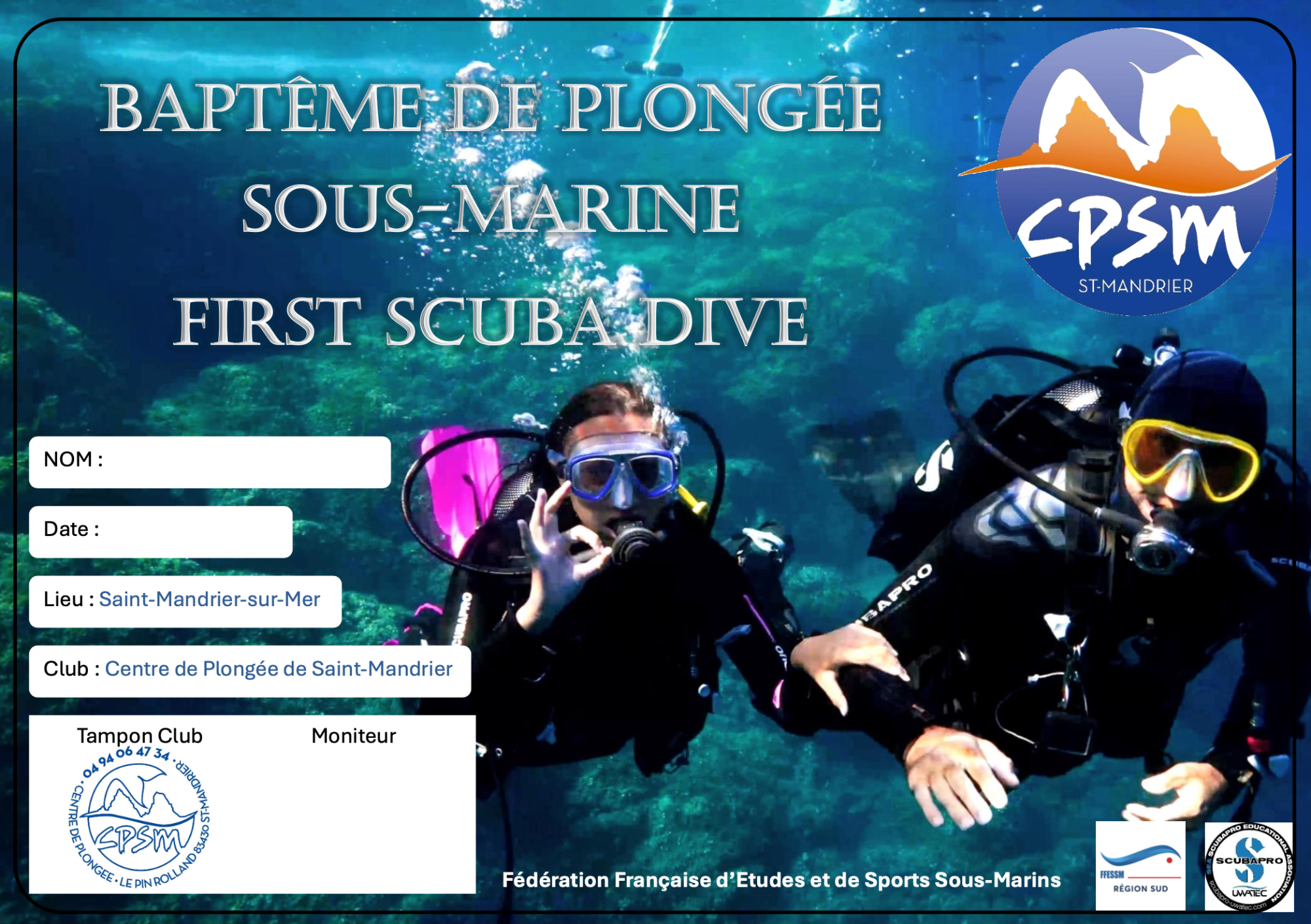 Club de Plong&eacute;e de Toulon &agrave; Saint Mandrier - Obtention du dipl&ocirc;me de plong&eacute;e