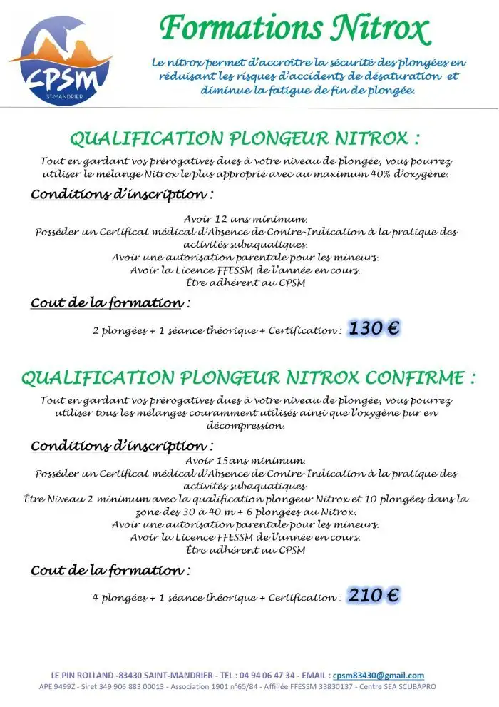 Formation plong&eacute;e Nitrox