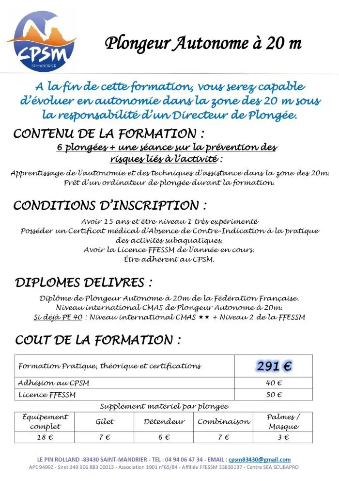 Formation plongeur autonome PA20