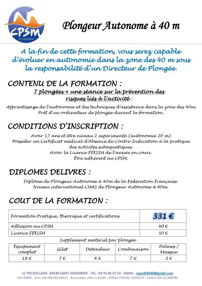 Formation plongeur autonome PA40