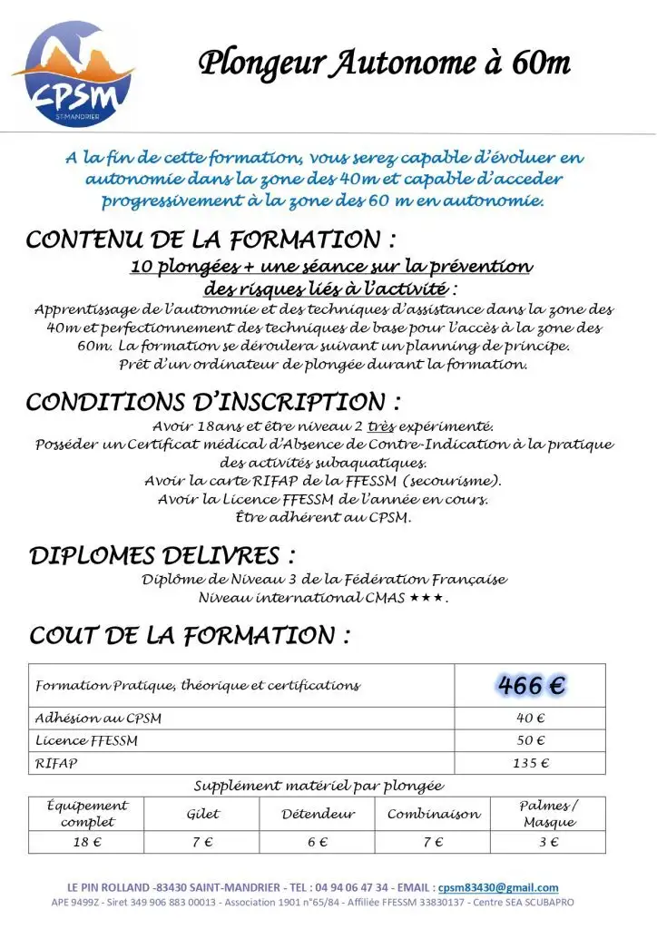 Formation plongeur autonome PA60