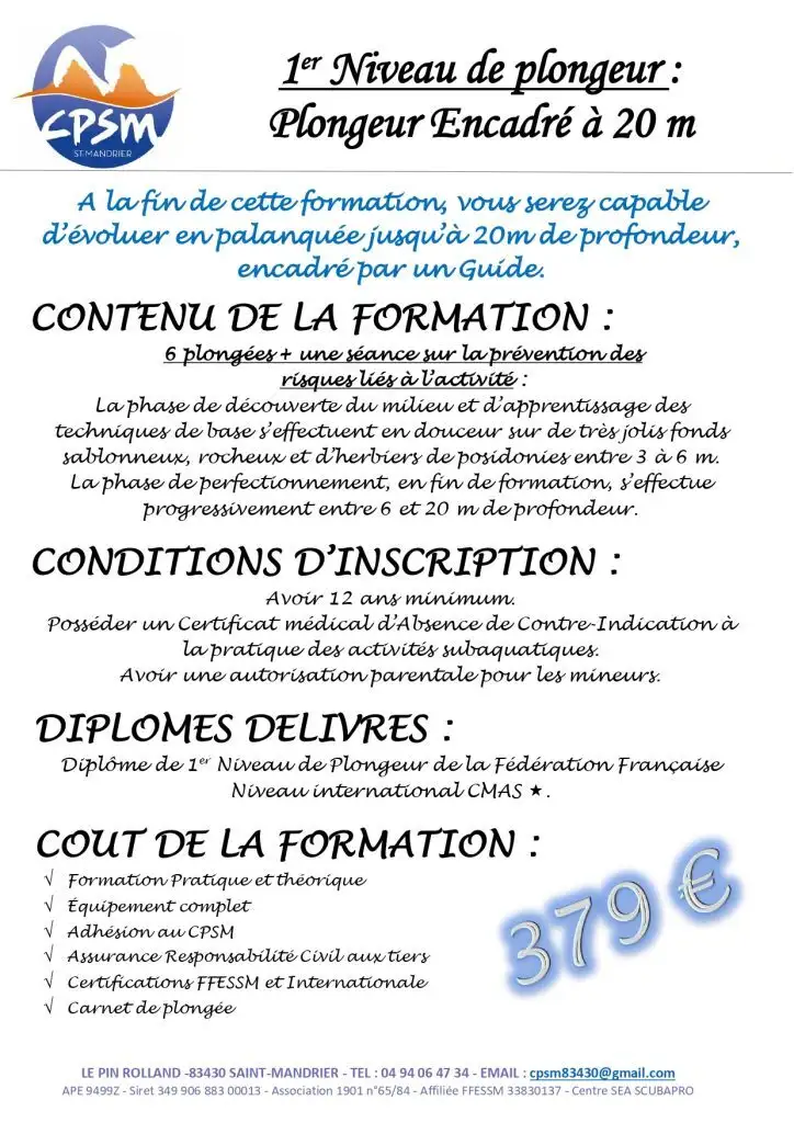 Formation plongeur encadr&eacute; PE20