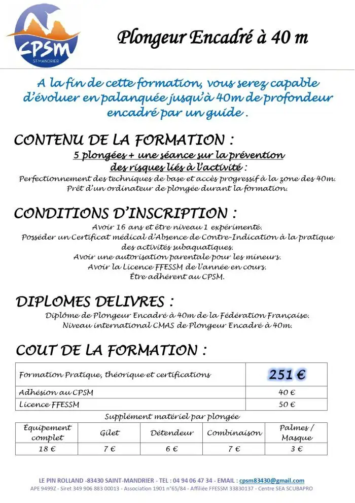 Formation plongeur encadr&eacute; PE40