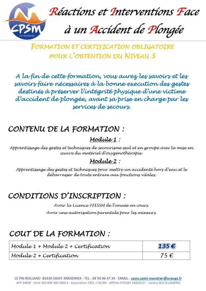 Formation RIFAP s&eacute;curit&eacute; et secours en plong&eacute;e